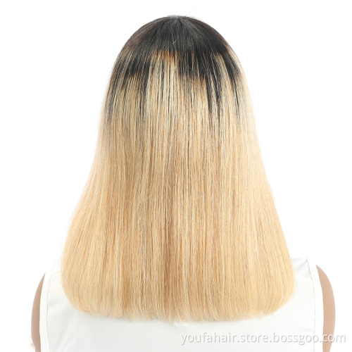 Cheap Ombre Colored Straight Short Bob Curly Human Hair Wig Blonde Brazilian None Lace Remy Hair Wigs with Bangs for Black Women